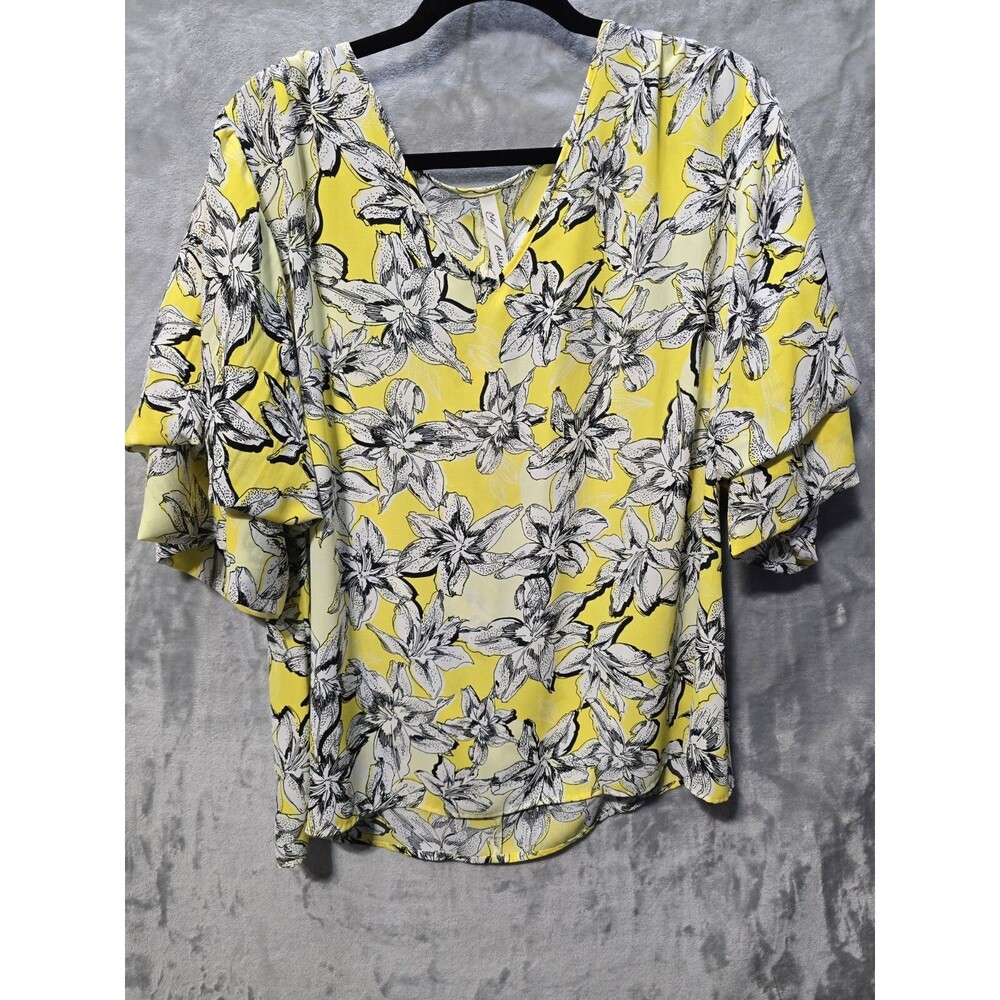 NY Collection Womens Yellow Floral Blouse XL* Layered Ruffle 3/4 Sleeve Boho